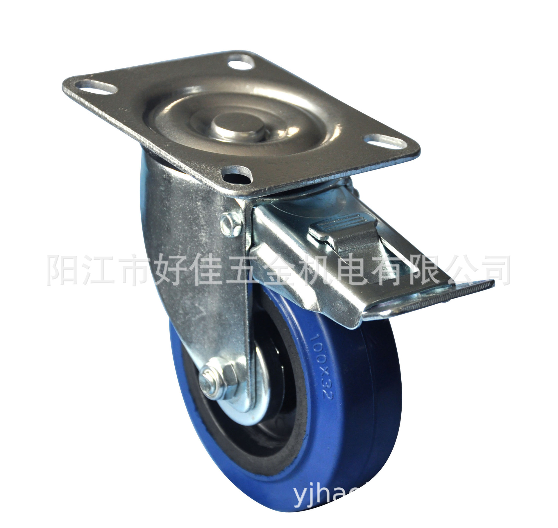 源头工厂直供100X32mm欧洲款平板双刹蓝色弹力橡胶脚轮