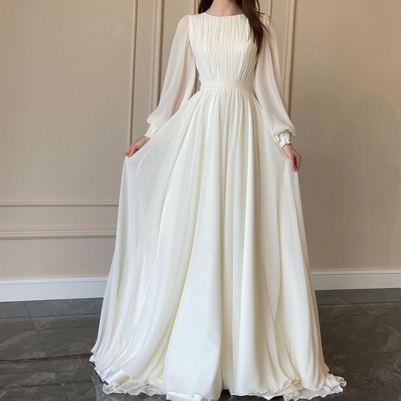 2026 Spring Fashion Palace Style French White Double Layer Chiffon Princess Fairy Dress Long Gown Dress