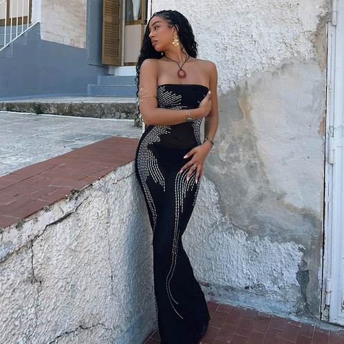 JY24390MHO Angel Wings Slimming Rhinestone Camisole Dress European Women's Fashion V-Neck Long Dress Summer New