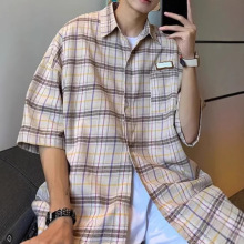 夏季港风潮流男士格子衬衫宽松舒适翻领外衣清爽百搭休闲短袖衬衣