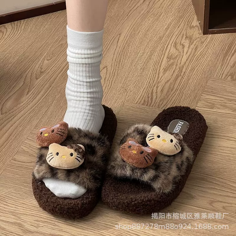 秋冬可爱卡通猫猫棉拖鞋女居家防滑网红时尚豹纹毛毛拖鞋女外穿