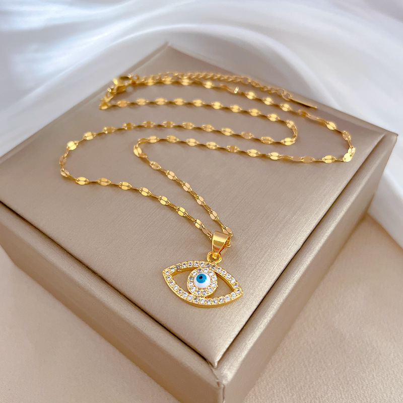 Retro Devilu0027S Eye Stainless Steel Copper Inlay Rhinestones Necklace