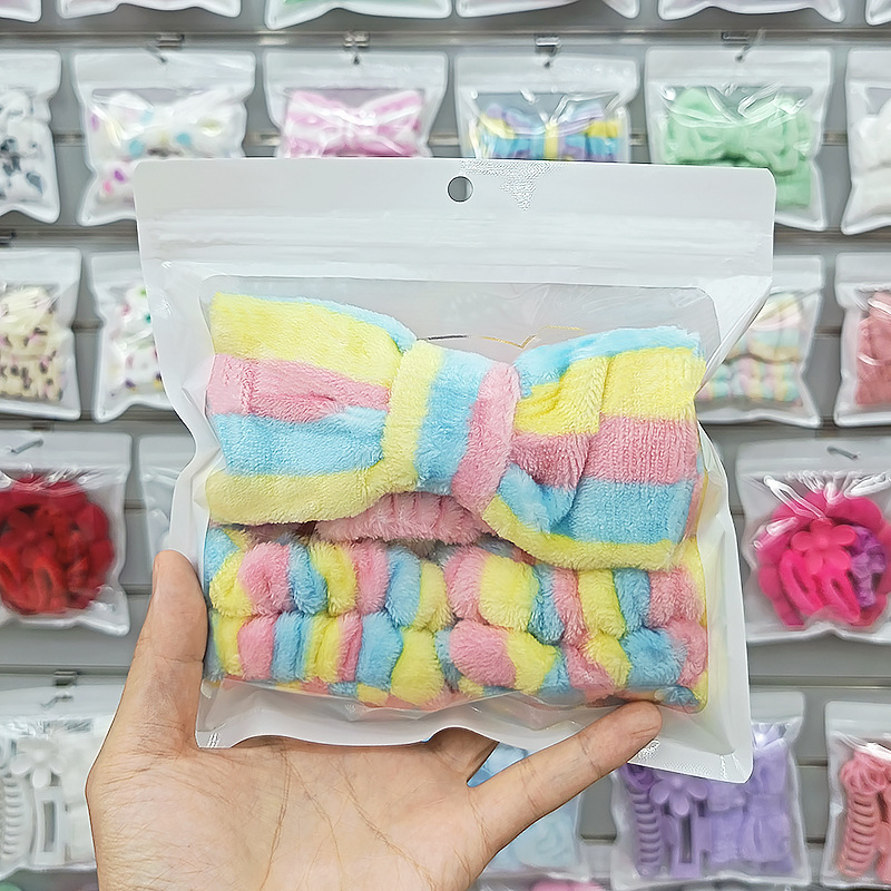 法兰绒洗漱发带条纹蝴蝶结束发带可爱波点女专用洗脸发箍发饰发圈|undefined