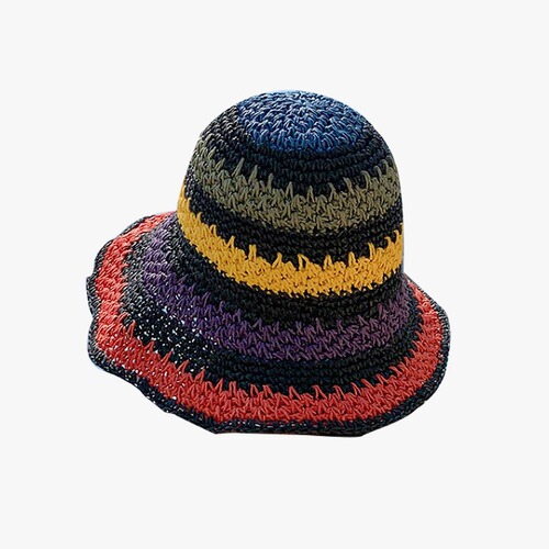 Handmade Grass Hat for Women, Foldable Bohemian Beach Rainbow Striped Fisherman Hat, Sunshade, Makes Face Look Smaller, Trendy Bucket Hat
