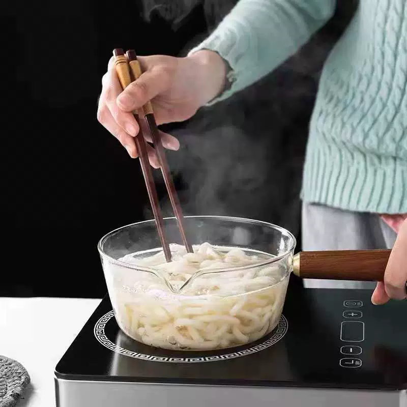 Прозрачная стеклянная молочная кастрюля, можно держать на огне, жарение, суп,锅 детское питание, домашняя готовка, лапша, горячее молоко, деревянная ручка, кастрюля