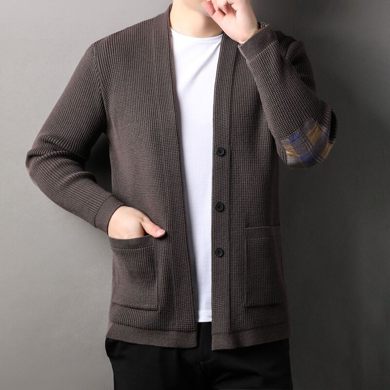 Knitted Cardigan Men's Shawl Collar Sweater Jacket Trendy Splicing Plaid Spring and Autumn Men's Casual Solid Color Top