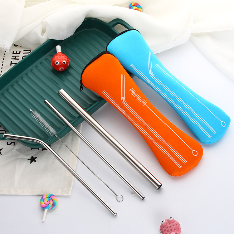 304 Stainless Steel Straw Set Food-Grade Eco-Friendly Straight and Bent Metal Drinking Straws Pillow-Shaped Zipper Bag