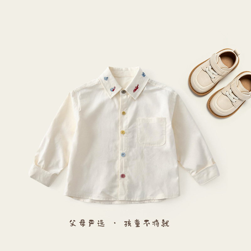 2026 Spring and Autumn New Style Boys' Fresh and Artistic Collar Shirt, Children's Colorful Embroidered Button Shirt