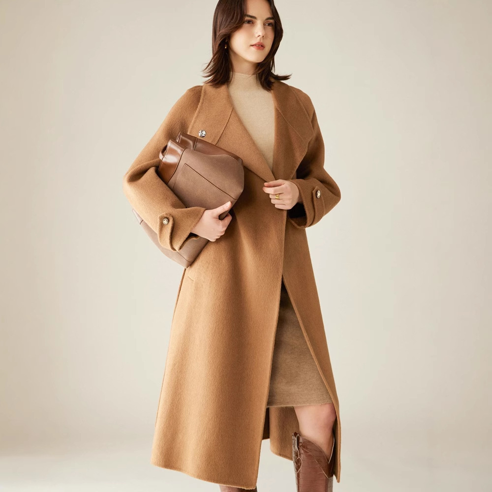 24 otoño e invierno nuevo estilo abrigo de lana de camello mujer de doble cara larga solapa abrigo de lana cálida sensación de lana de alta gama