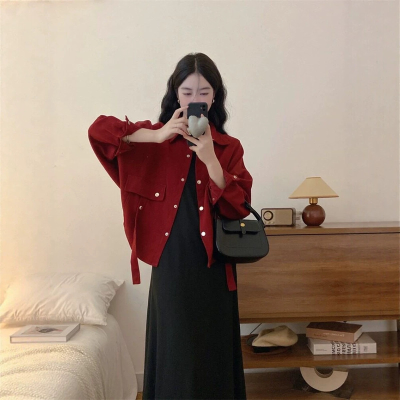 Plus-size women's clothing: a red long-sleeved jacket and a vest dress, a two-piece outfit for autumn, a complete set Plus-size women's clothing: a red long-sleeved jacket and a vest dress, a two-piece outfit for autumn, a complete set