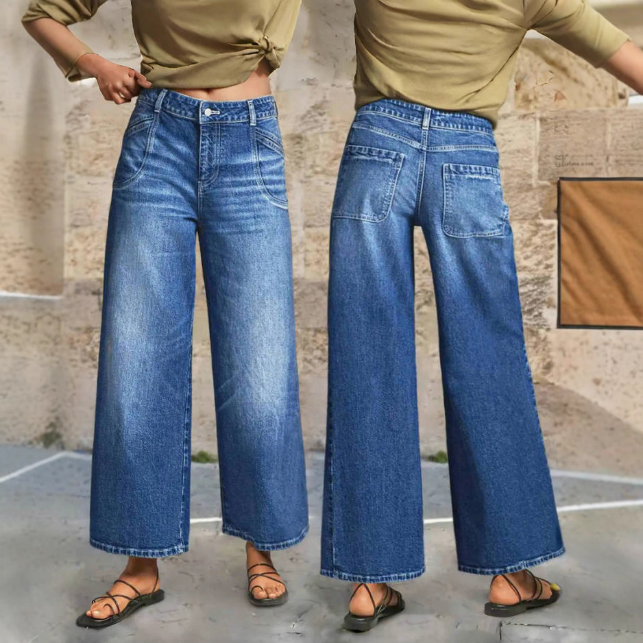 Amazon Cross-Border European and American Temu Fashion Casual Stretch Women's Straight Mid-Waist Washed Denim Cropped Pants Retro