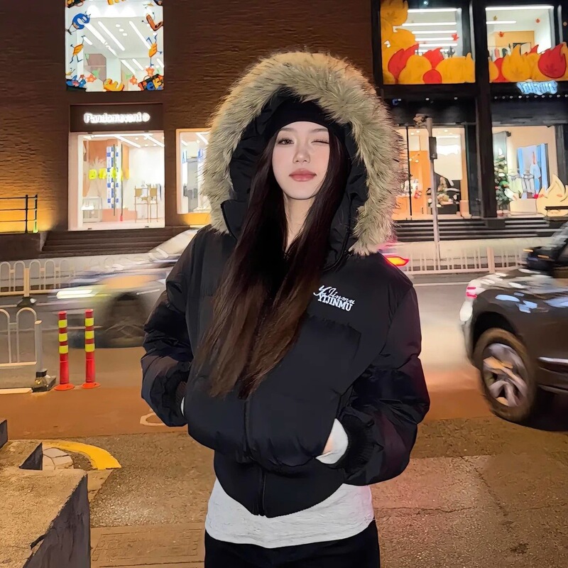 美式冬季短款毛领羽绒棉服女2025新款收腰显瘦高级感棉衣棉袄外套|undefined