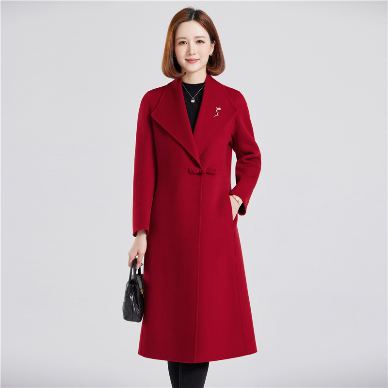 100% Pure Wool Chinese Style Woolen Outwear Women's Mid-Length Cashmere Woolen Outwear Waist Slimming Look Elegant Woolen Outwear