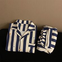 清仓设计感条纹印花长袖情侣睡衣女春秋季新款宽松开衫男士居家服