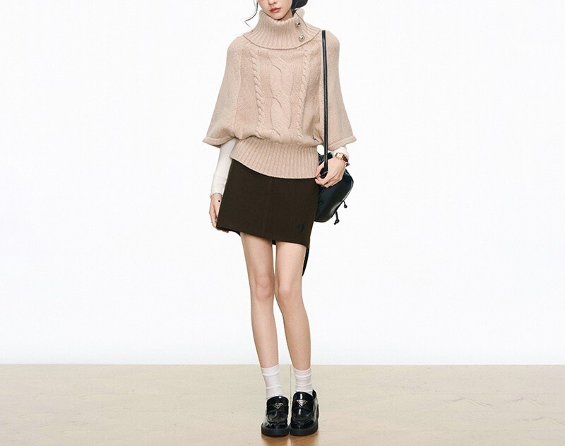 8.12新品 高领银扣毛衣上衣女针织衫+连衣裙+短裙套装|undefined