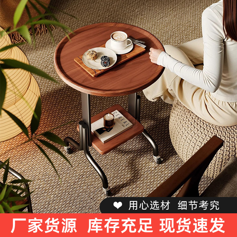 Medieval Style Sofa Side Table with Movable Wheels, Double-Layer Storage, Household Small Living Room Coffee Table, Simple Small Table