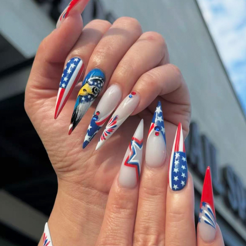 Cross-Border Exclusive Supply of Independence Day Long Pointed American Flag White-Headed Eagle Design Detachable Nail Patches for Nail Art and Wearable Nails