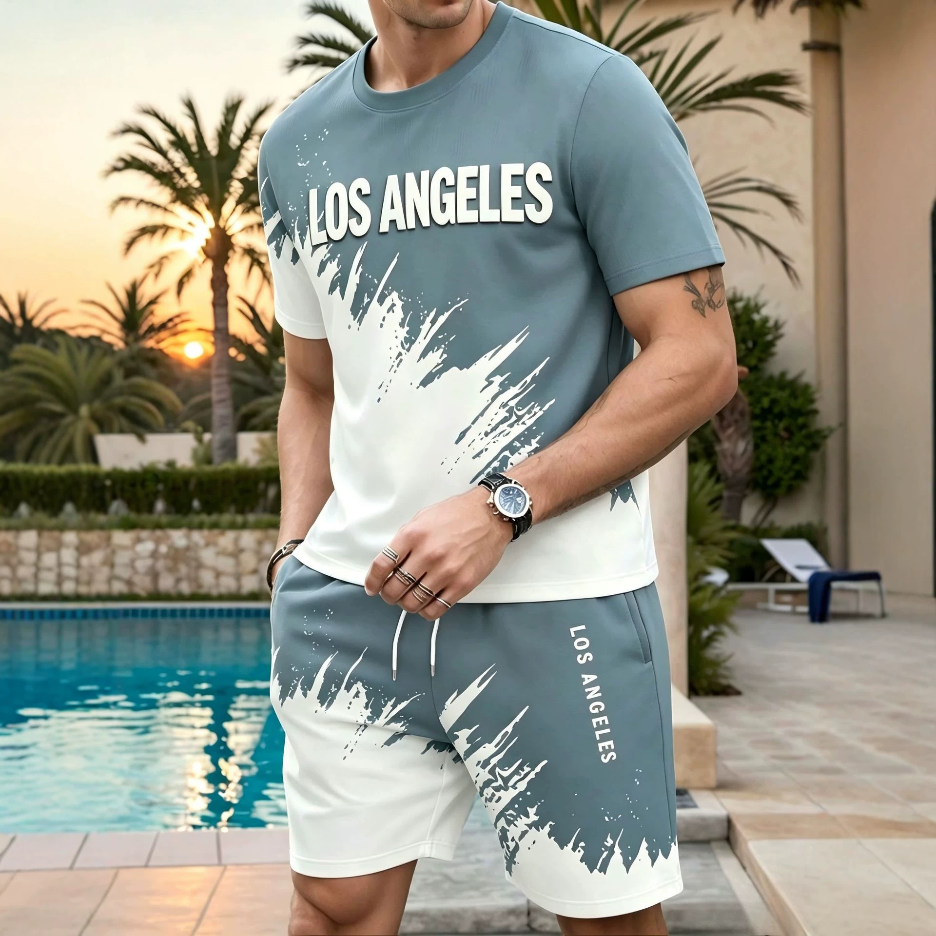 Men's Printed Short Sleeve T-Shirt And Shorts 2-Piece Set Lightweight Summer Casual Outfit Allover Pattern Lounge Wear_viptrois.com