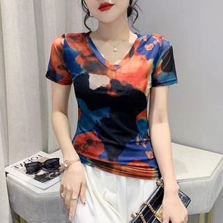 欧货洋气晕染网纱T恤女2025夏季设计感V领修身短袖小衫上衣实代发