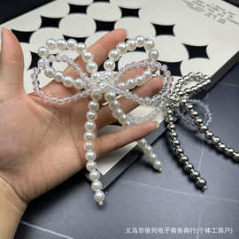 韩系精美双层仿珍珠蝴蝶结饰品配件小众设计感半成品包包绳结挂饰