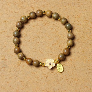 Ancient Style New Chinese Style Green Sandalwood with Peach Blossom Single Circle Bracelet for Female Students to Play with Bracelets and Wooden Bracelets