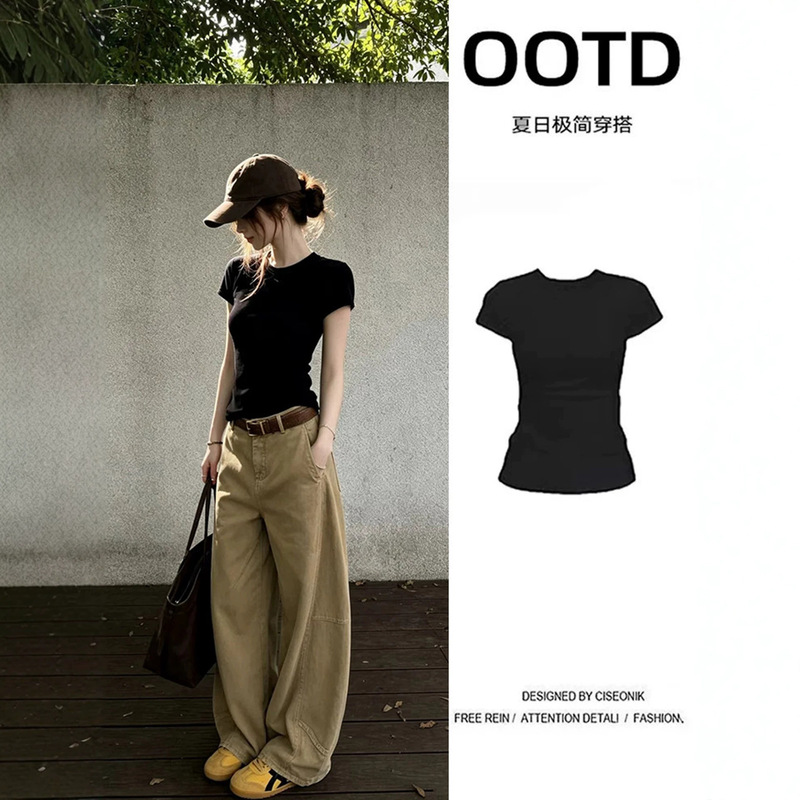 Black Round Neck Short-Sleeved T-Shirt Slim Fit Waist-Cinching Tight-Fitting Right-Shoulder Top for Women 2026 Summer Simple and Versatile Outfit