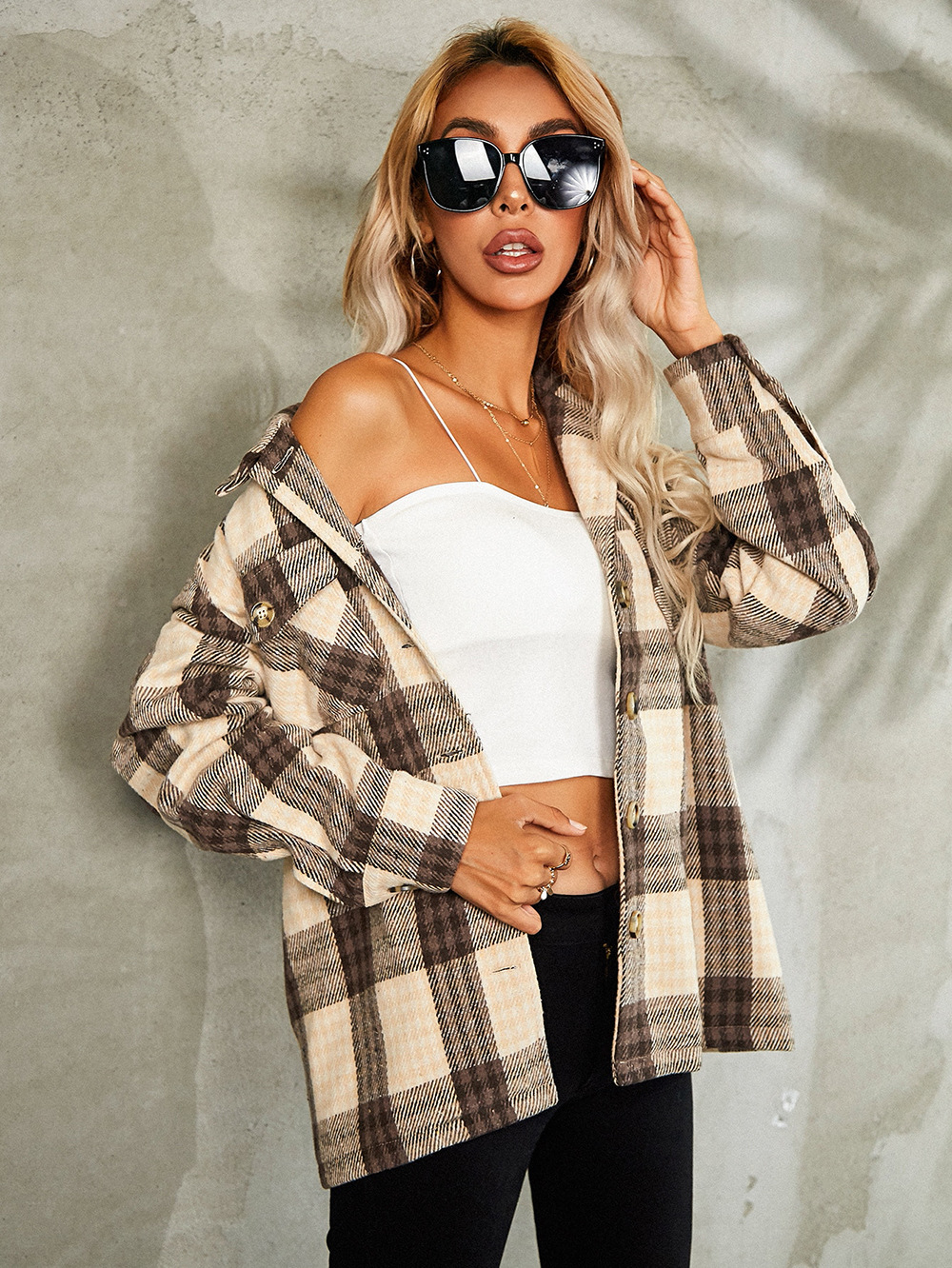 woolen lapel long sleeve loose plaid shirt jacket NSNCK137178