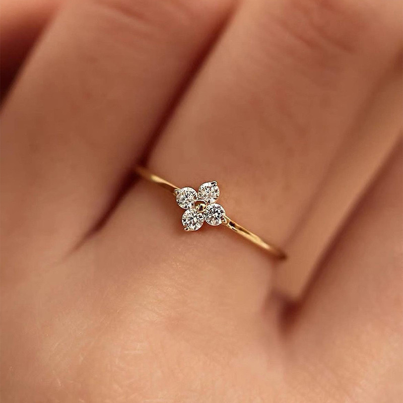 Feiyu Simple Elegant Copper Zircon Four-leaf Clover Women's Diamond Ring Golden Distinctive Light Luxury All-match Thin Ring Tail Ring