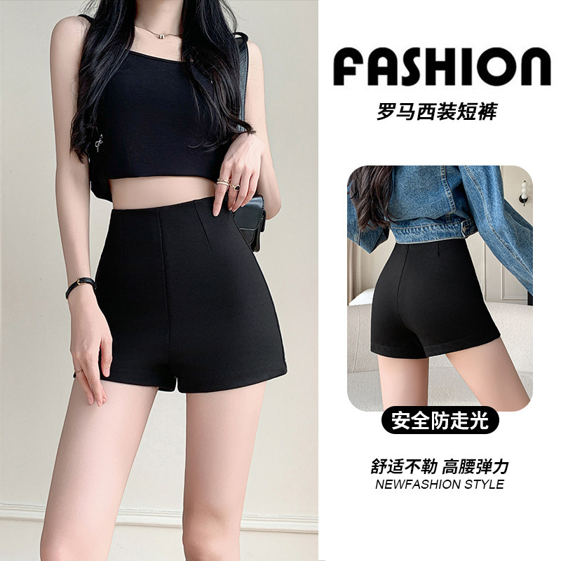 Black sexy women's suit shorts for all seasons, minimalist design with back zipper, high-waisted, slimming, hot girl stretchy hot pants