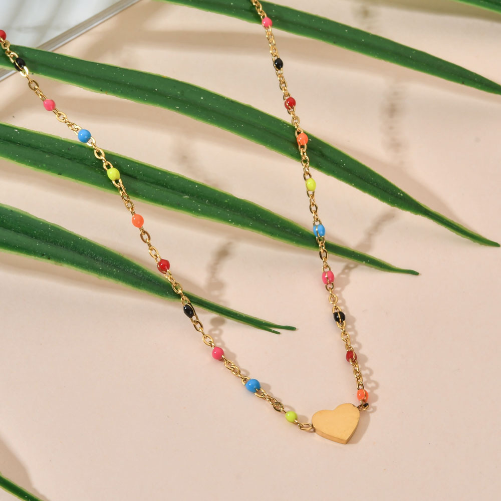 Women'S Gender Sweet Heart Shape Stainless Steel Alloy Beaded Enamel Pendant Necklace