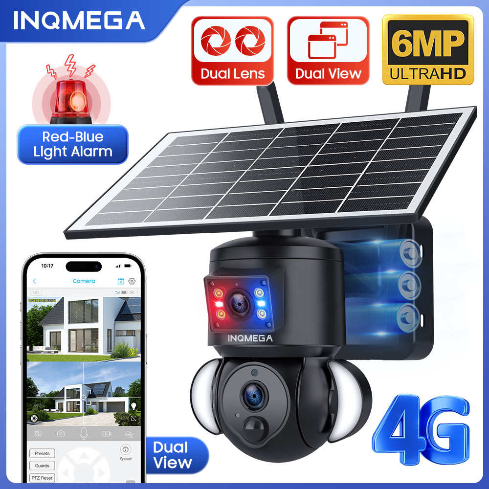 跨境双目4G太阳能摄像头户外全彩高清6MP广角低功耗电池摄像头