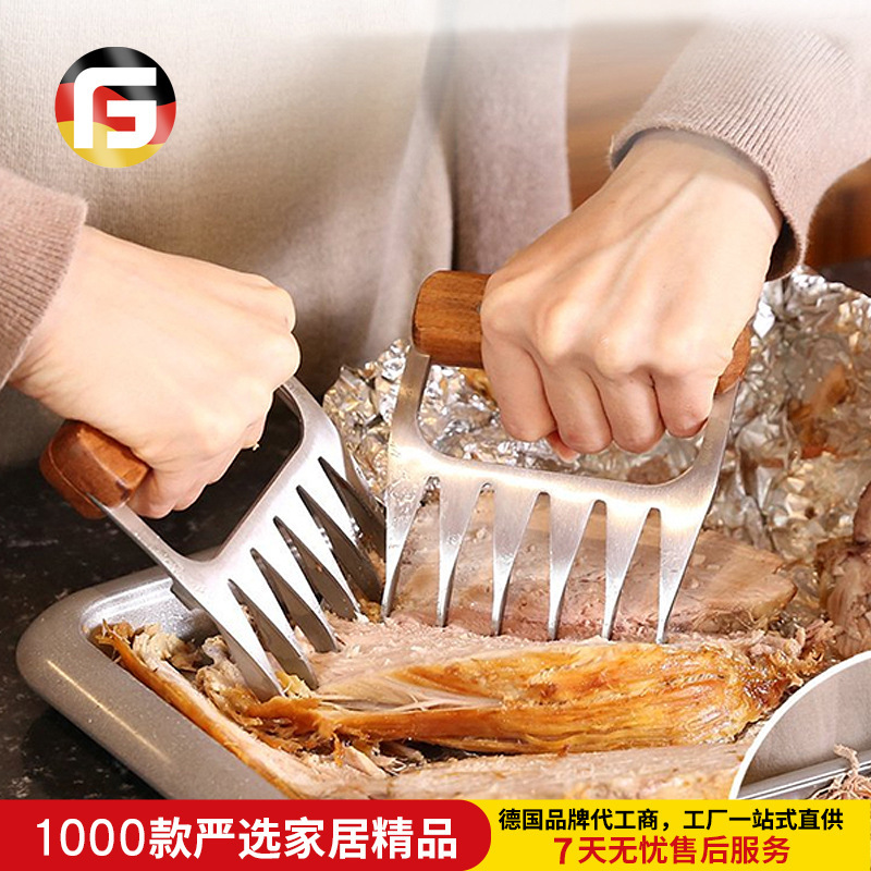 American-Style Burger Meat Shredder with Wooden Handle, Anti-Scalding Multifunctional Bear Claw Stainless Steel Meat Crusher Bbq Meat Tenderizer Tool