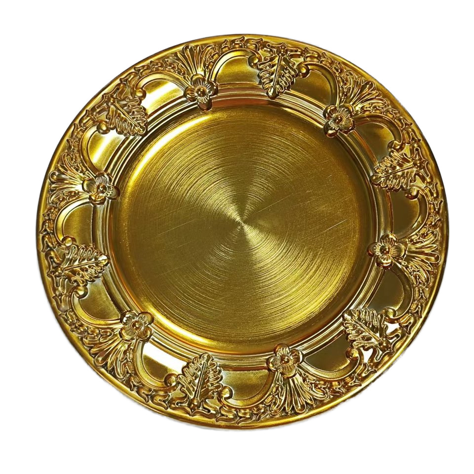 Fábrica directa platos de oro galvanizados imitación de metal procesamiento de bodas de hotel procesamiento de pintura de plástico platos de decoración