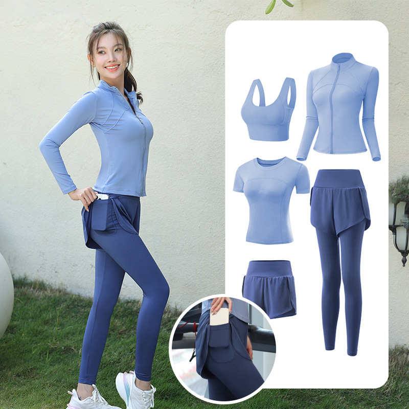 Trajes de yoga para mujeres de verano para correr ropa deportiva suelta rápida ropa seca bolsillo para correr trajes de mujeres de la mañana para correr comercio exterior