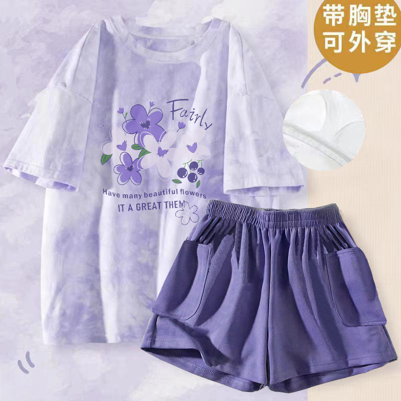 胸パッド付き女性用夏用純綿パジャマ、純綿スーツ、半袖ショーツ、漫画の新しい夏スタイル、屋外で着用できるホーム服|undefined