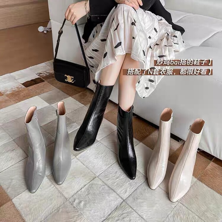 欧洲尖头细高跟早秋气质牛皮高级感炸街法式小短靴女小个子及踝靴|undefined