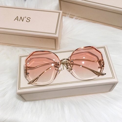 New fashionable rimless sunglasses for women, multi-shaped metal arc temple, popular street style sun protection sunglasses