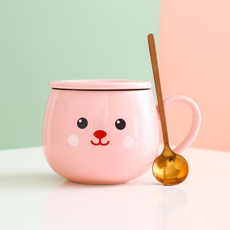 Taza de cerámica para parejas con tapa y cuchara, taza de café creativa de dibujos animados, taza de leche, taza personalizada creativa, linda y divertida