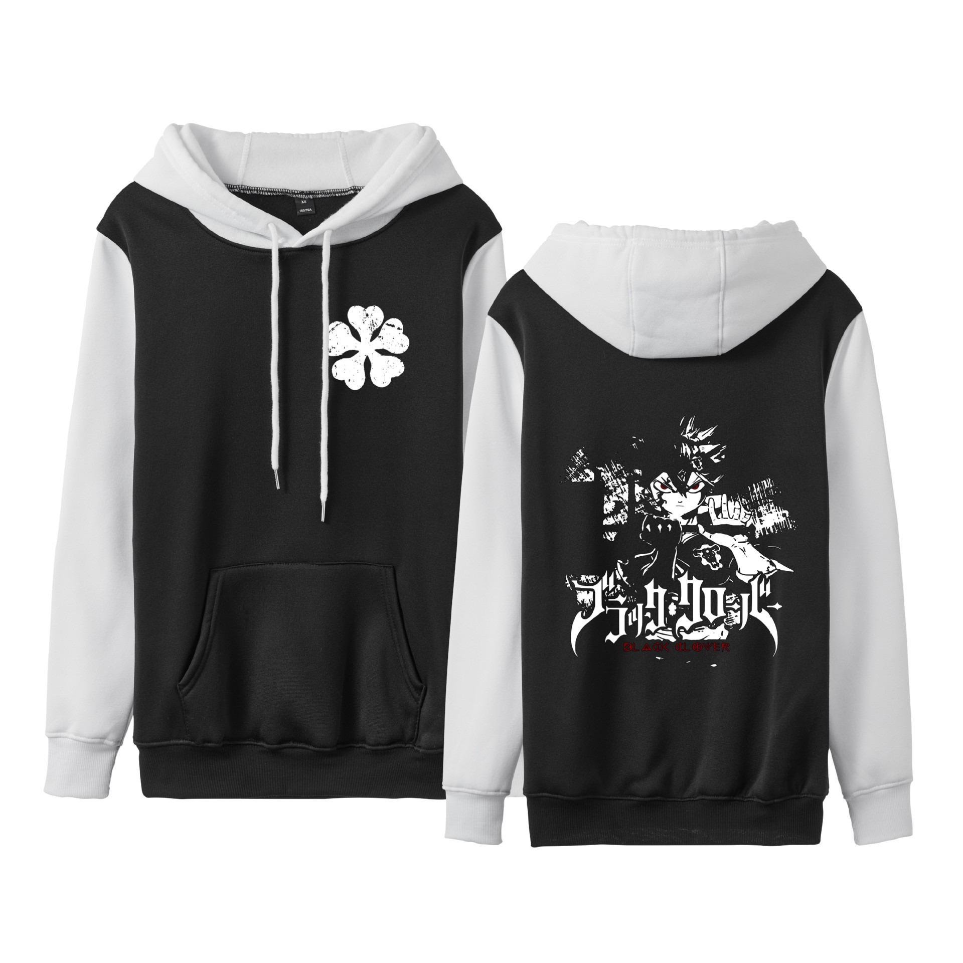 Trébol de cuatro hojas negro Black Clover suéter de pareja de talla grande para hombres y mujeres sudadera con capucha de contraste con capucha