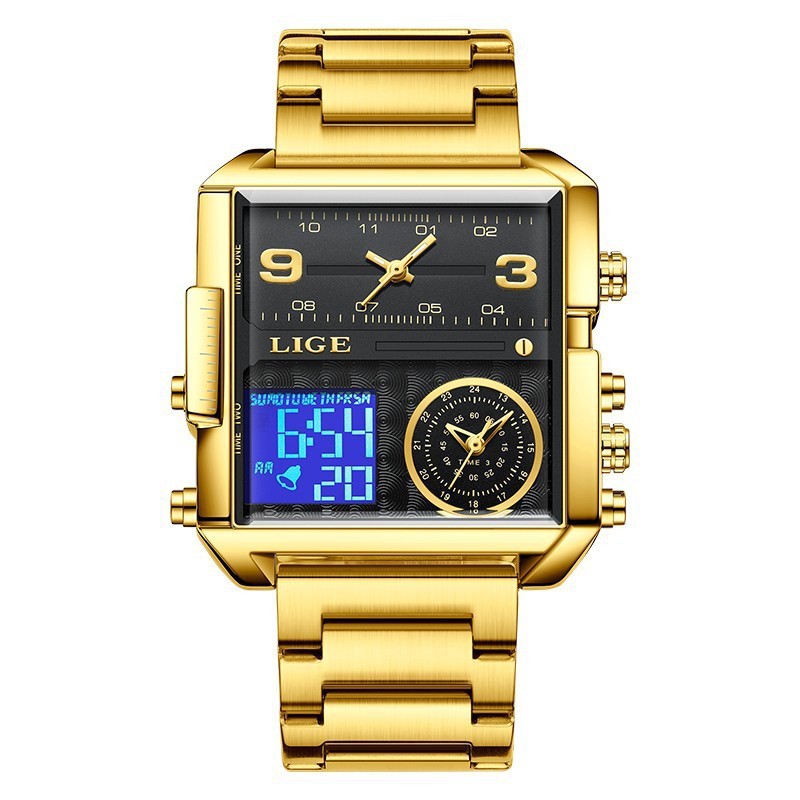 Lige cuarzo electrónico doble reloj de pantalla reloj impermeable de los hombres reloj de correa de acero cuadrado multifuncional 8925