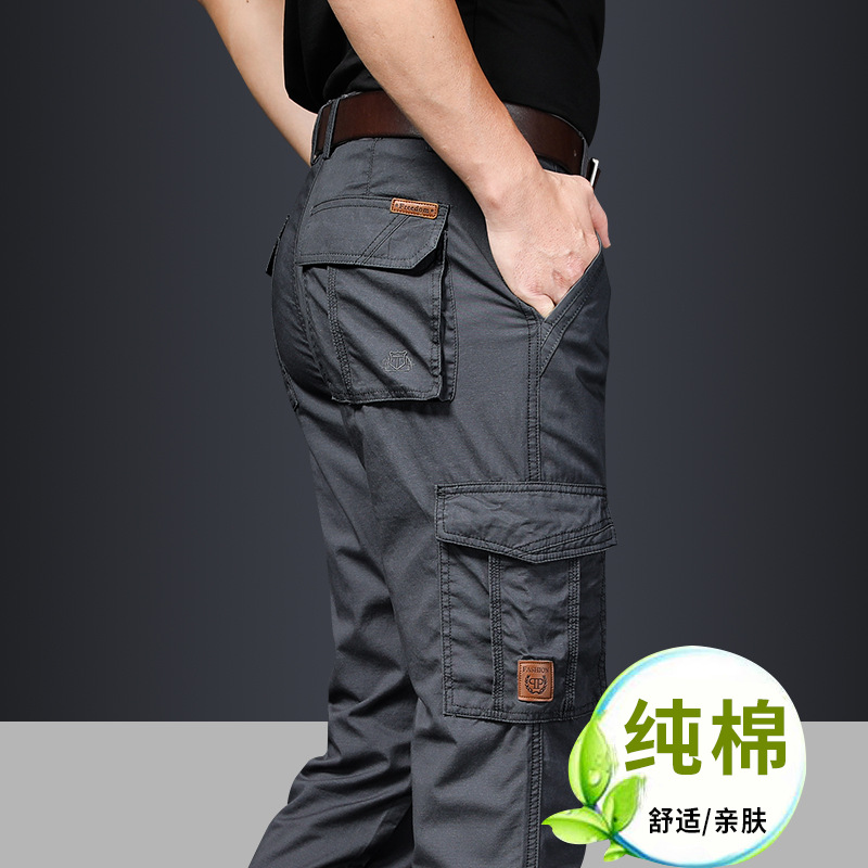 Summer Thin Pure Cotton Overalls Men's Loose Straight Multi-Pocket Middle-aged All-match Outdoor Work Casual Trendy Pants