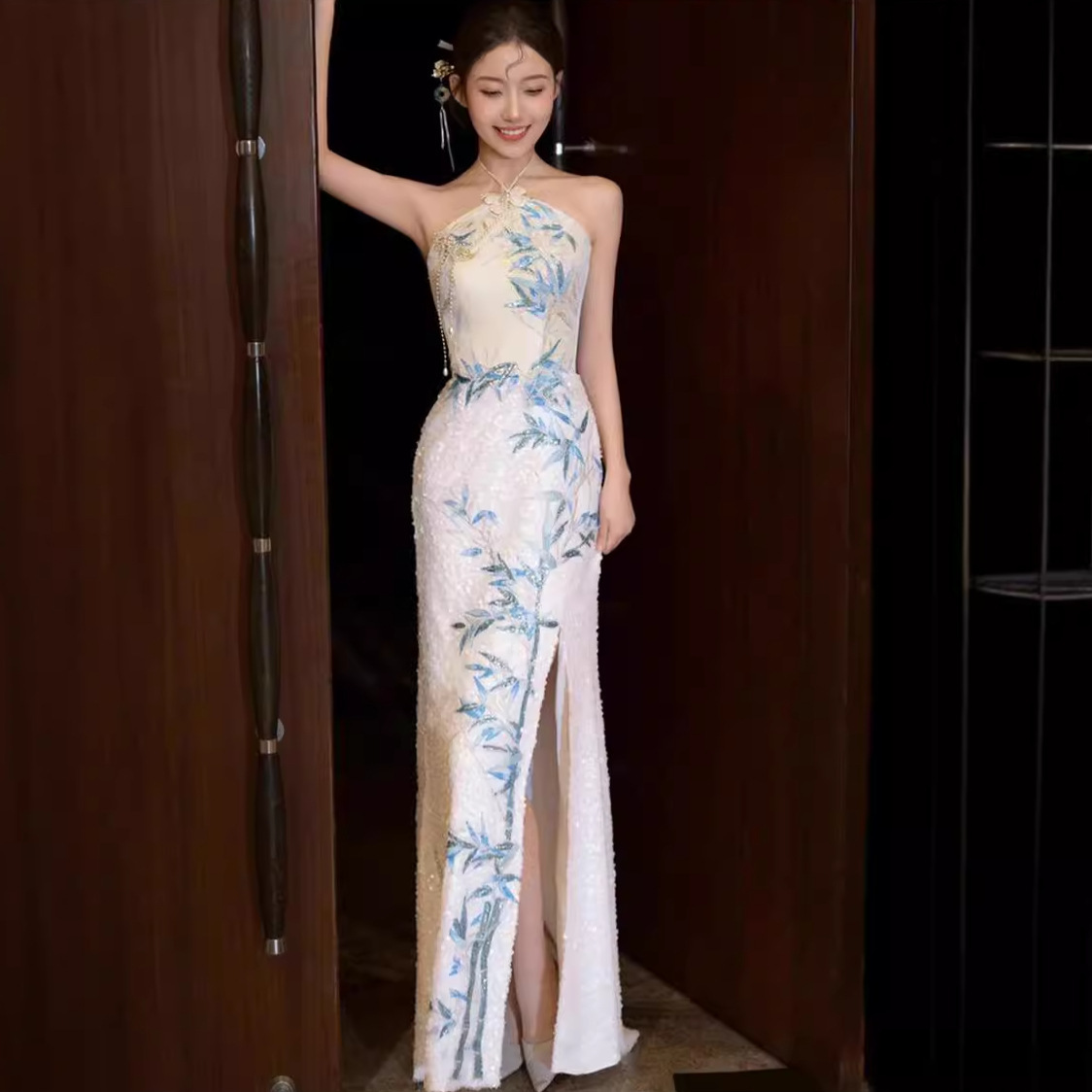 New Chinese Style National Style Improved Cheongsam Evening Dress Light Luxury Morning Gown Bride Fishtail Dress Banquet Toast Dress