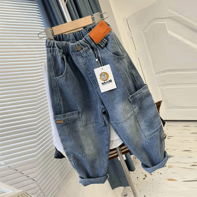 Primavera y otoño nuevos pantalones jeans sueltos para niños, pantalones casuales coreanos, pantalones de moda para niños, pantalones largos de diseño universal image 1