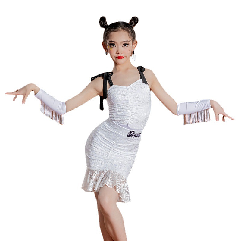 Girls white lace Latin Dance Dresses salsa ballroom Latin dance skirt white girl uniforms professional practice dance costume kids