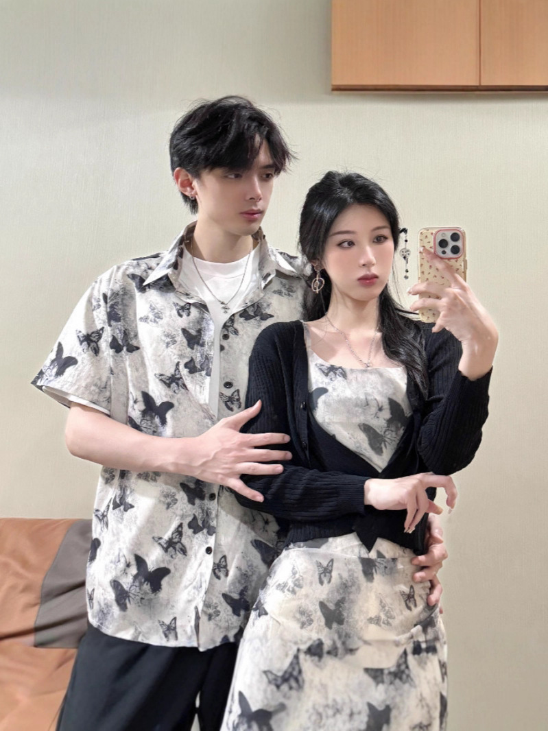 2025 Summer Couple Outfit Strap Dress Cool Ink Painting Butterfly New Chinese Style Dress One Dress One Skirt