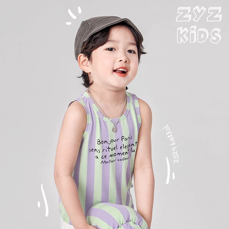 J142 Designer Summer Style Children's Vest with Vertical Stripes and Letters, Perfect for Inner Wear, Yasser Boys' Vest (Category A)
