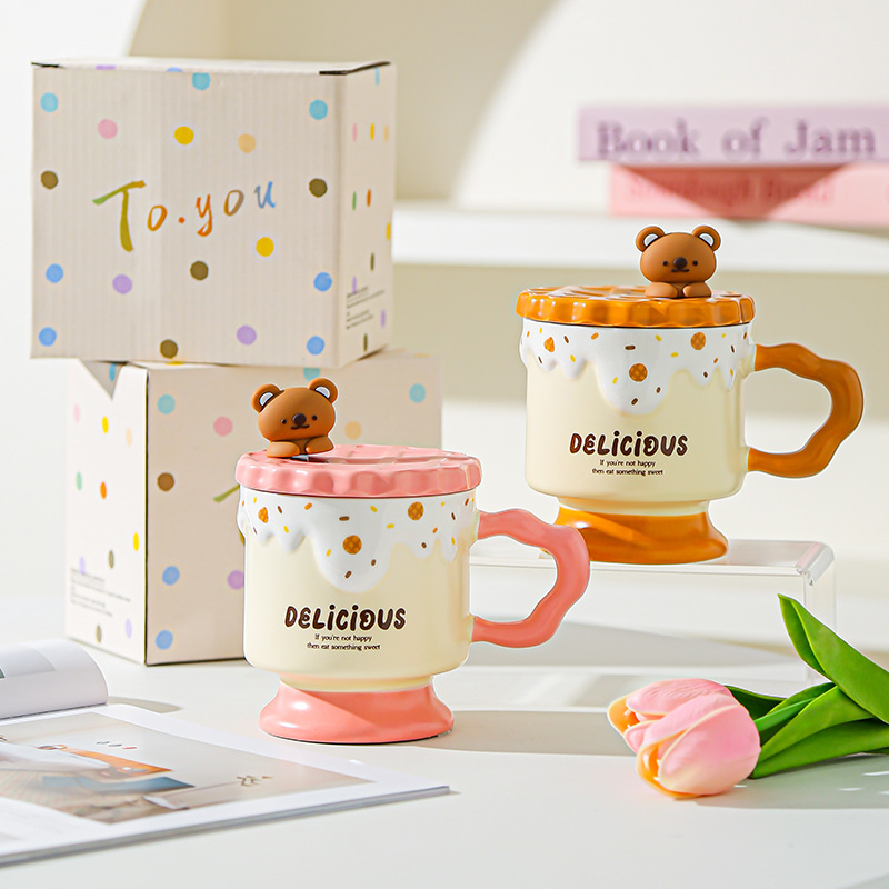 Caricatura dulce oso galletas tazas de cerámica con tapa de alta calidad de la oficina taza de agua regalo de mano taza de regalo