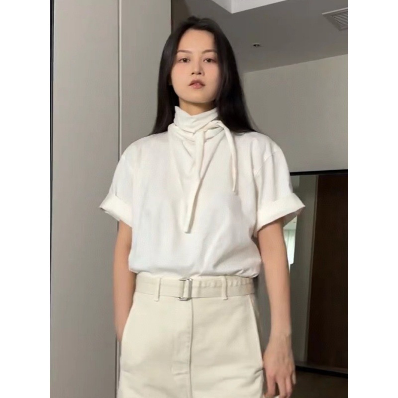 롱메이 루즈핏 스카프 칼라 반팔 여성 티셔츠 2026 봄 여름 신상 LEM 스타일 심플 통근 리본탑