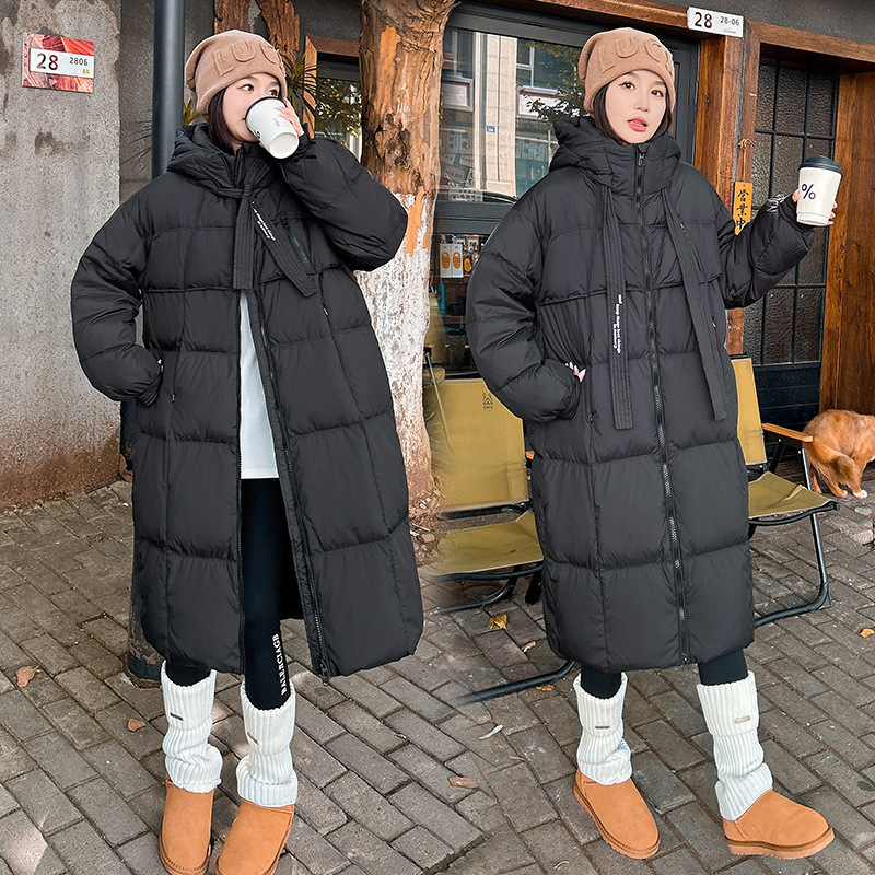 2024 invierno nuevo estilo coreano de moda suelta ropa de algodón de pluma para mujeres sobre la rodilla larga con capuzas gruesa chaqueta de algodón de mujer