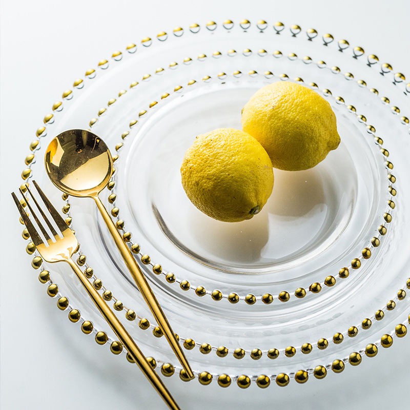 Platos de vidrio de perlas de oro, platos de comedor caseros de alto valor, platos de frutas, platos de filete, decoraciones de alto nivel, viento image 5
